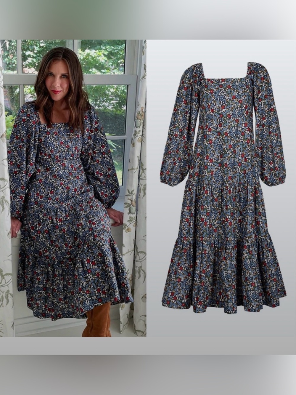 summersalt Blue Multi Floral Square-Neck Midi Dress
